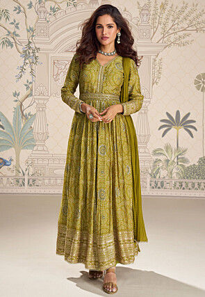Bandhej Printed Faux Crepe Front Open Abaya Style Suit in Green