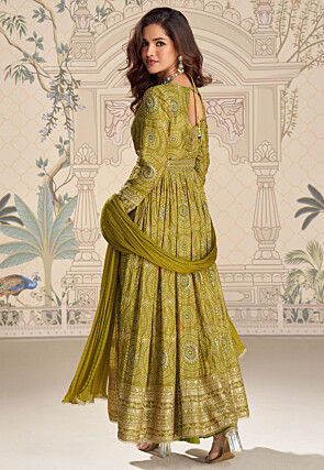 Bandhej Printed Faux Crepe Front Open Abaya Style Suit in Green