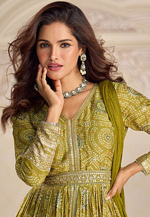 Bandhej Printed Faux Crepe Front Open Abaya Style Suit in Green