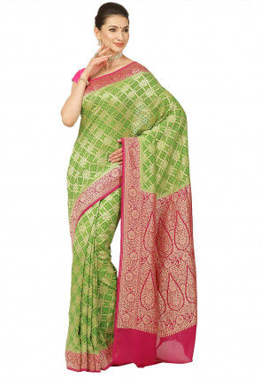 Bandhej Pure Banarasi Georgette Silk Saree in Light Green