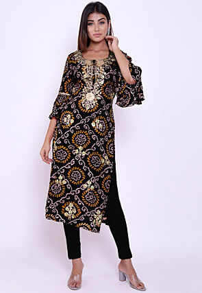 Bandhej Pure Chinon Crepe Straight Kurta in Black