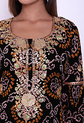 Bandhej Pure Chinon Crepe Straight Kurta in Black