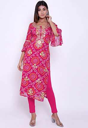 Bandhej Pure Chinon Crepe Straight Kurta in Magenta