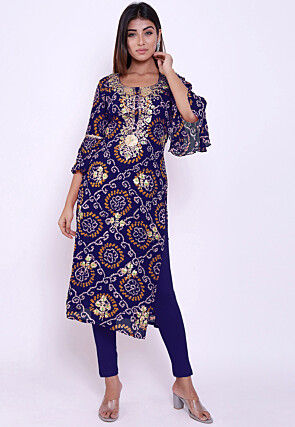 Bandhej Pure Chinon Crepe Straight Kurta in Royal Bue