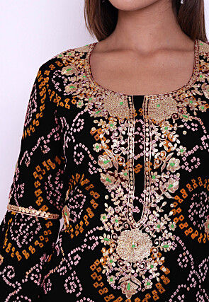 Bandhej Pure Chinon Crepe Straight Suit in Black