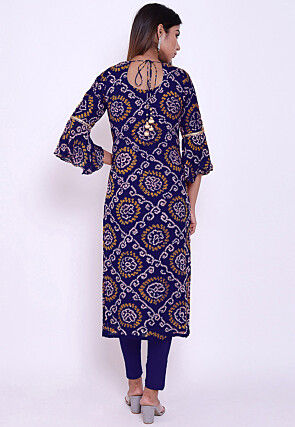 Bandhej Pure Chinon Crepe Straight Suit in Royal Blue