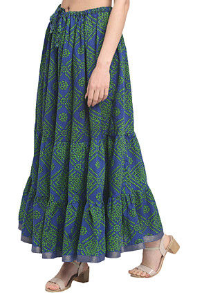 Bandhej Pure Cotton Tiered Skirt in Navy Blue