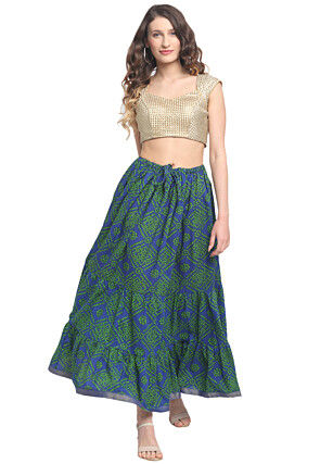 Bandhej Pure Cotton Tiered Skirt in Navy Blue