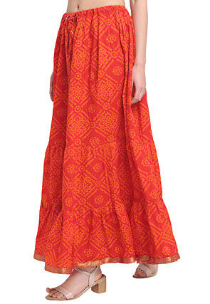 Bandhej Pure Cotton Tiered Skirt in Orange