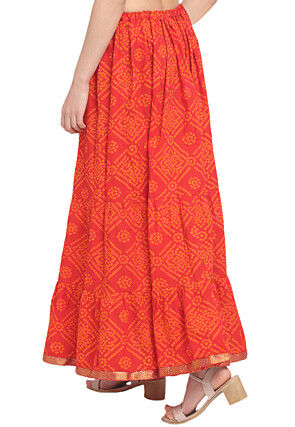 Bandhej Pure Cotton Tiered Skirt in Orange