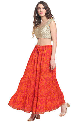 Bandhej Pure Cotton Tiered Skirt in Orange