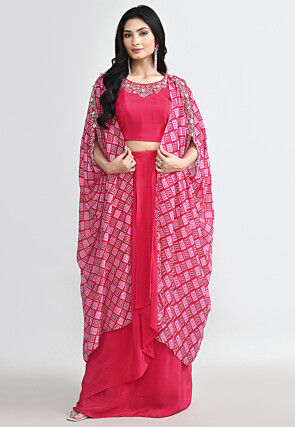 Bandherj Printed Crepe Crop Top Set in Fuchsia