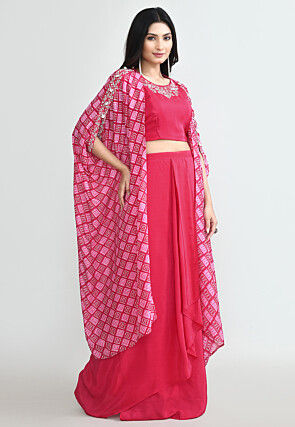 Bandherj Printed Crepe Crop Top Set in Fuchsia