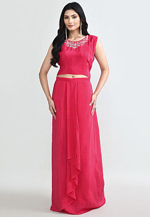 Bandherj Printed Crepe Crop Top Set in Fuchsia