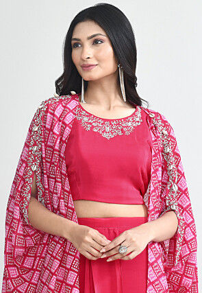 Bandherj Printed Crepe Crop Top Set in Fuchsia