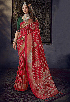 Bandhje Printed Art Silk Saree in Red