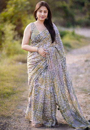 Batik Printed Art Chanderi Cotton Saree in Light Grey