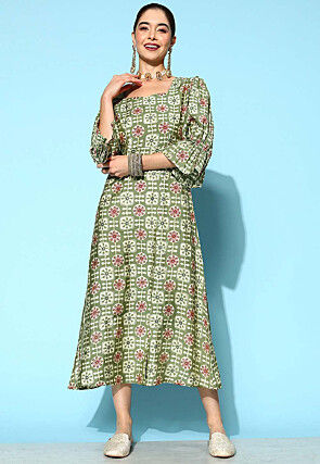 Batik Printed Art Silk Front Slit Dress in Olive Green