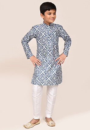Batik Printed Art Silk Kurta Set in Grey