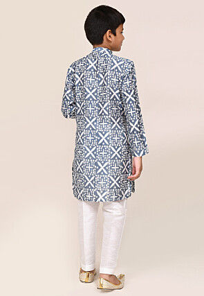 Batik Printed Art Silk Kurta Set in Grey
