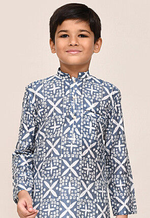 Batik Printed Art Silk Kurta Set in Grey