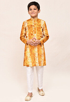 Batik Printed Art Silk Kurta Set in Mustard