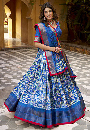 Batik Printed Art Silk Lehenga in Blue