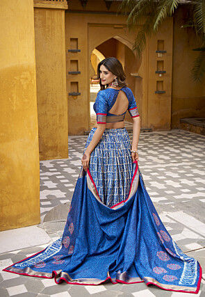 Batik Printed Art Silk Lehenga in Blue
