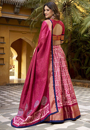 Batik Printed Art Silk Lehenga in Fuchsia