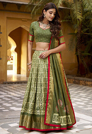 Batik Printed Art Silk Lehenga in Green