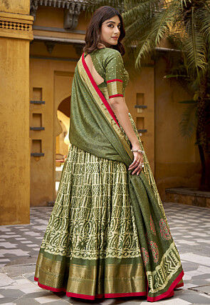 Batik Printed Art Silk Lehenga in Green