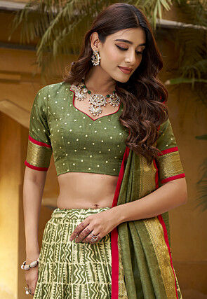 Batik Printed Art Silk Lehenga in Green