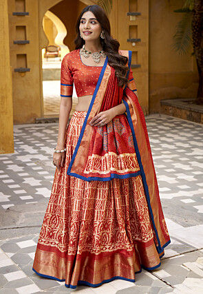 Batik Printed Art Silk Lehenga in Rust