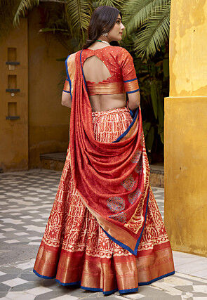 Batik Printed Art Silk Lehenga in Rust
