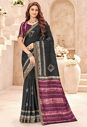 Batik Printed Art Silk Saree in Black