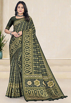 Batik Printed Art Silk Saree in Dark Green