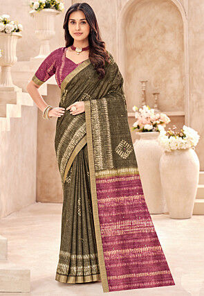 Batik Printed Art Silk Saree in Dusty Green