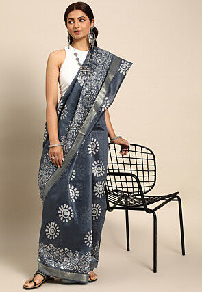 Batik Printed Art Silk Saree in Grey