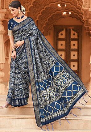 Batik Printed Art Silk Saree in Indigo Blue