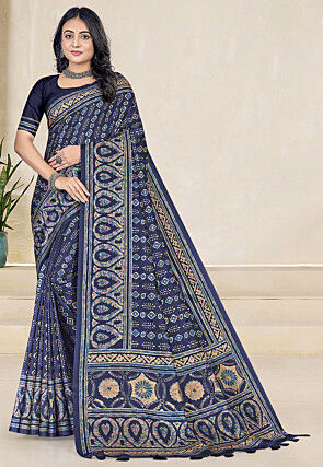 Batik Printed Art Silk Saree in Navy Blue