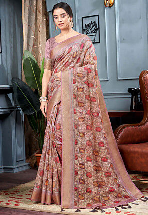 Batik Printed Art Silk Saree in Old Rose
