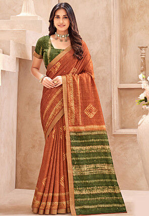Batik Printed Art Silk Saree in Orange