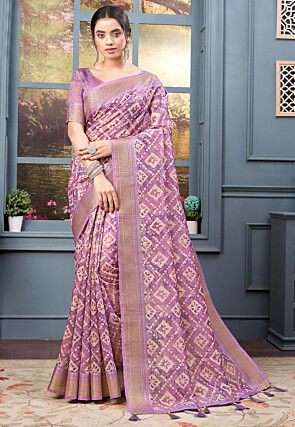 Batik Printed Art Silk Saree in Purple