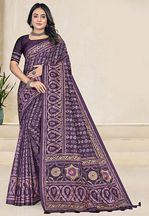 Batik Printed Art Silk Saree in Purple