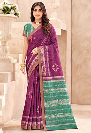 Batik Printed Art Silk Saree in Purple