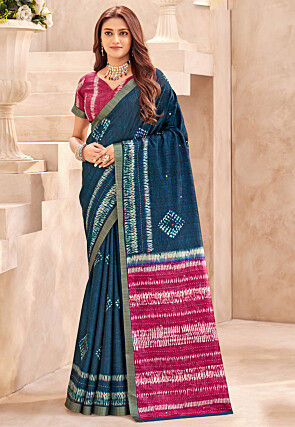 Batik Printed Art Silk Saree in Teal Blue