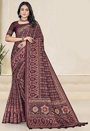 Batik Printed Art Silk Saree in Wine