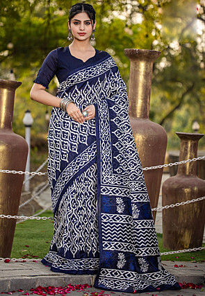 Batik Printed Bhagalpuri Cotton Saree in Navy Blue