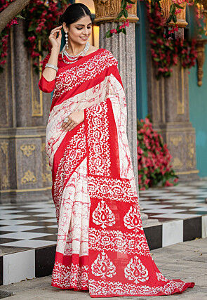 Batik Printed Bhagalpuri Cotton Saree in Off White and Red
