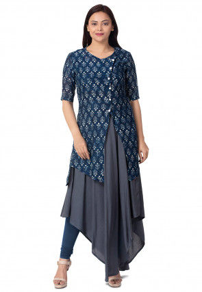 Batik Printed Chanderi Cotton Jacket Style Kurta in Blue